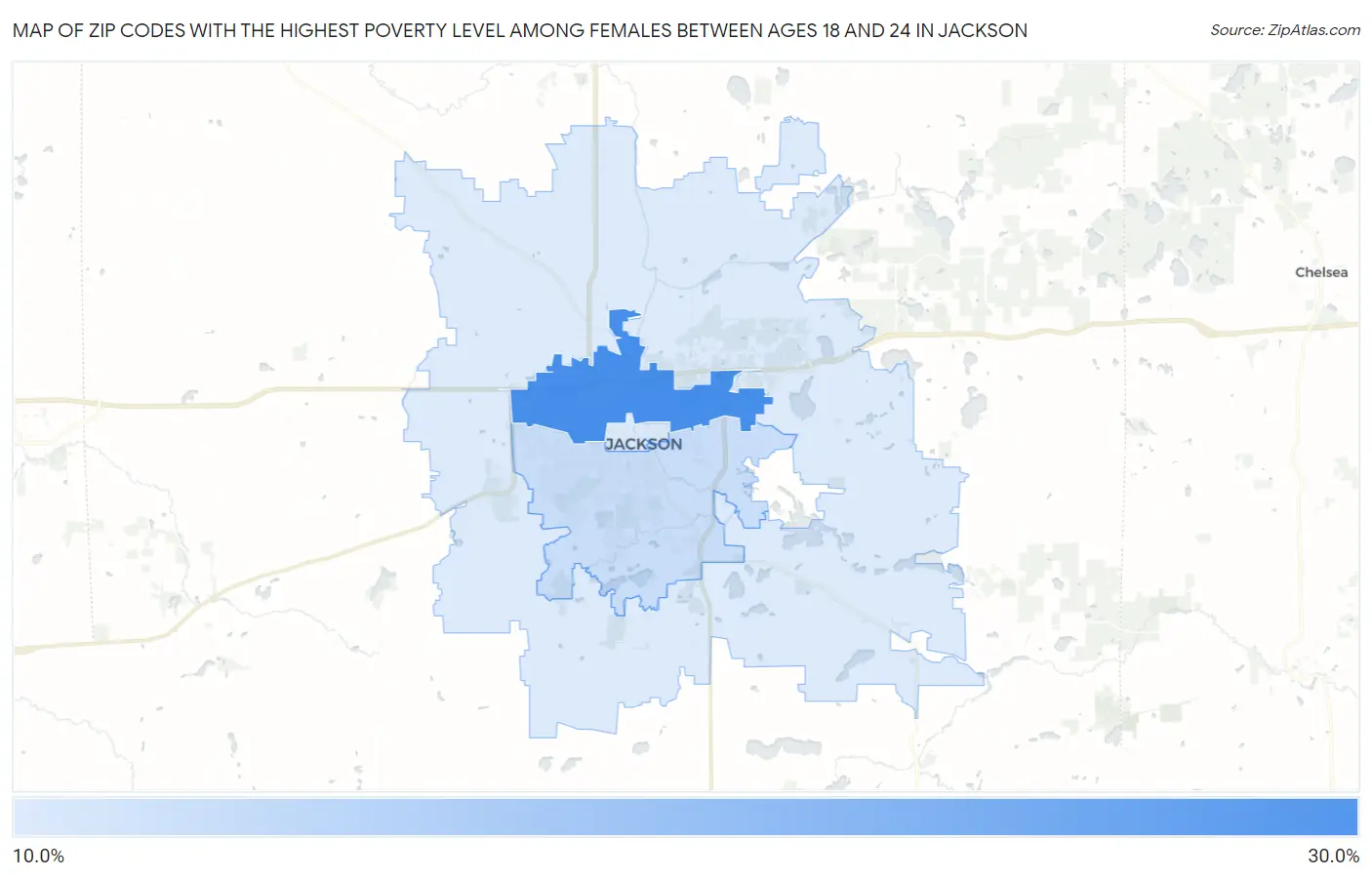 Zip Codes with the Highest Poverty Level Among Females Between Ages 18 and 24 in Jackson Map