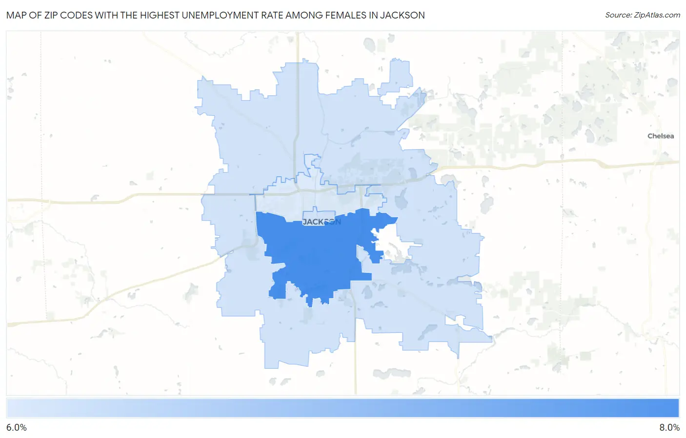 Zip Codes with the Highest Unemployment Rate Among Females in Jackson Map