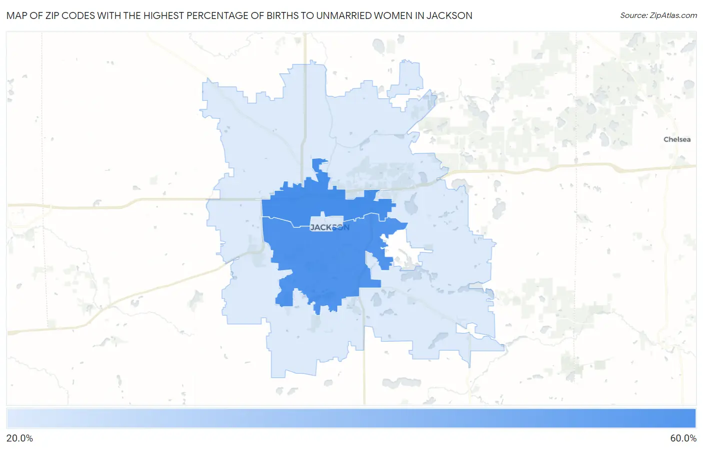 Zip Codes with the Highest Percentage of Births to Unmarried Women in Jackson Map