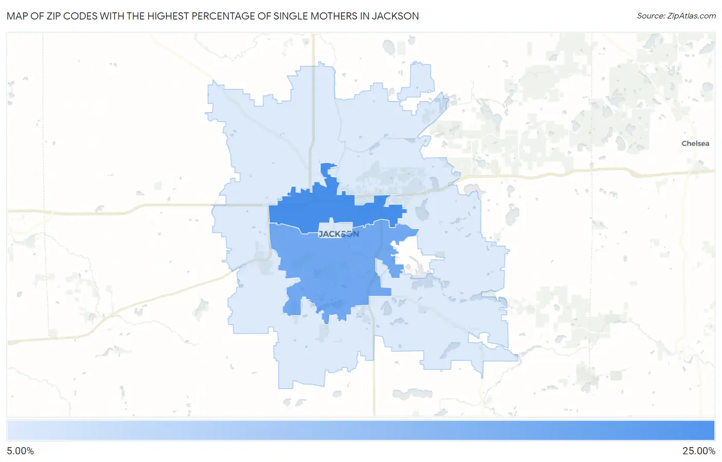 Zip Codes with the Highest Percentage of Single Mothers in Jackson Map