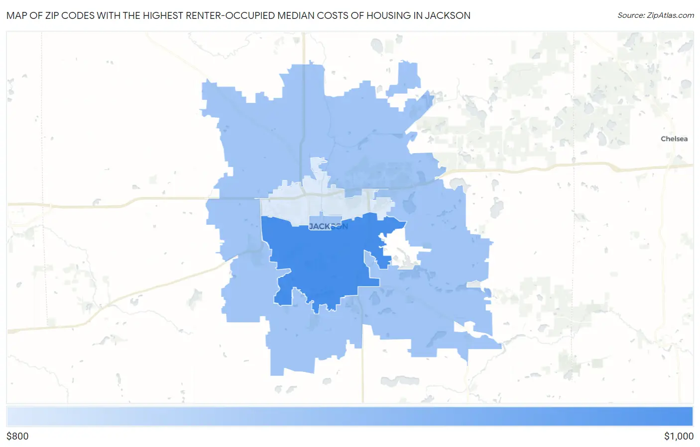 Zip Codes with the Highest Renter-Occupied Median Costs of Housing in Jackson Map