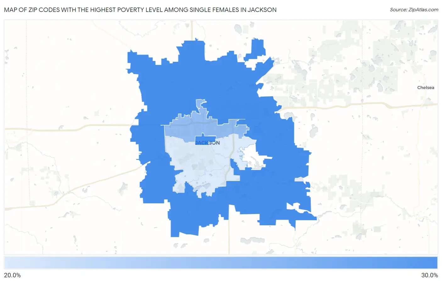 Zip Codes with the Highest Poverty Level Among Single Females in Jackson Map