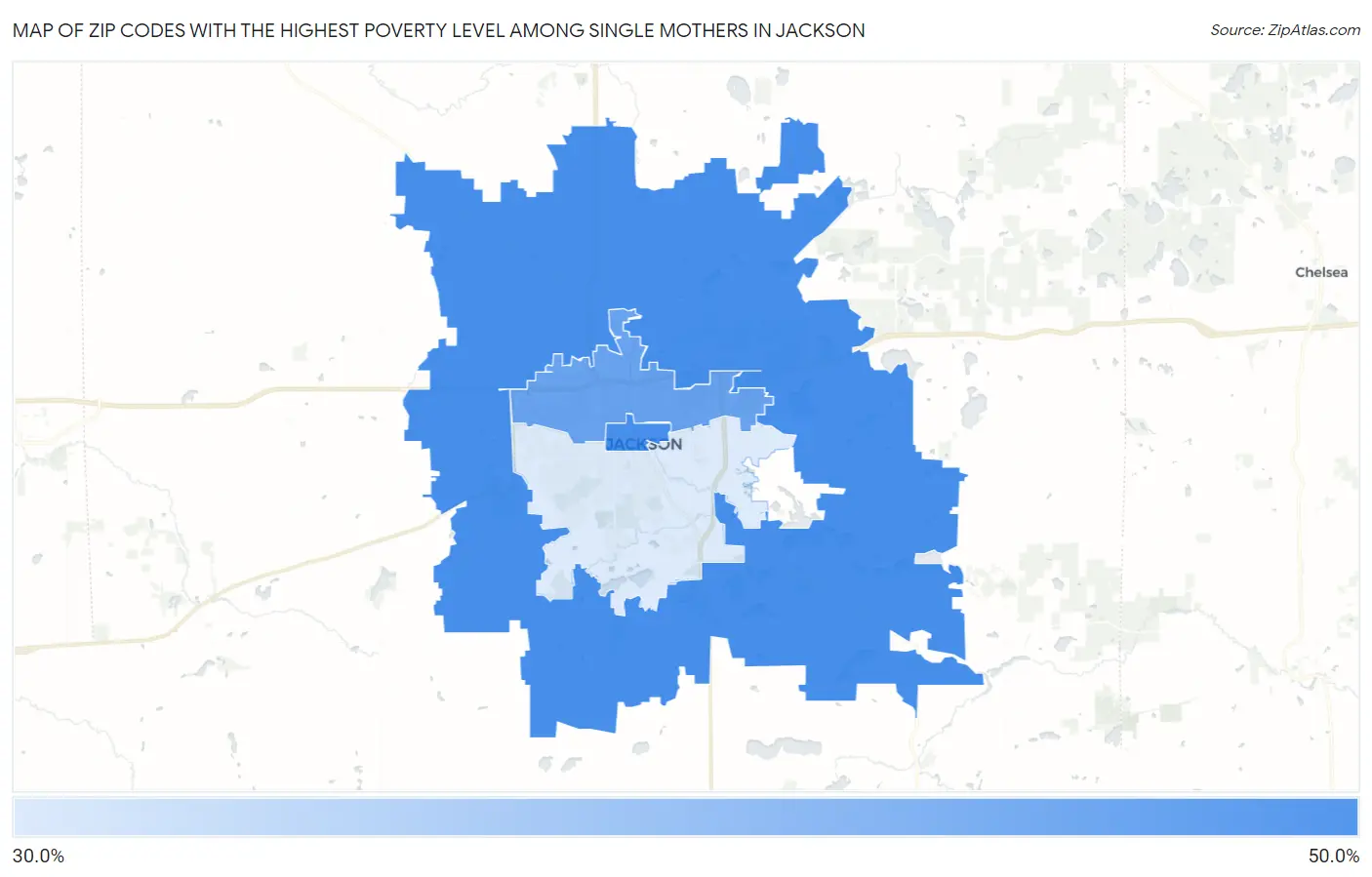 Zip Codes with the Highest Poverty Level Among Single Mothers in Jackson Map