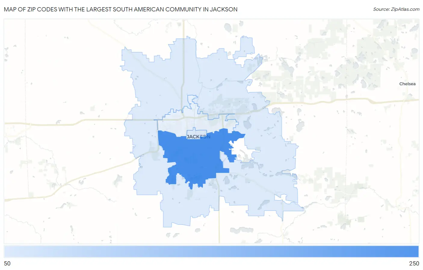 Zip Codes with the Largest South American Community in Jackson Map
