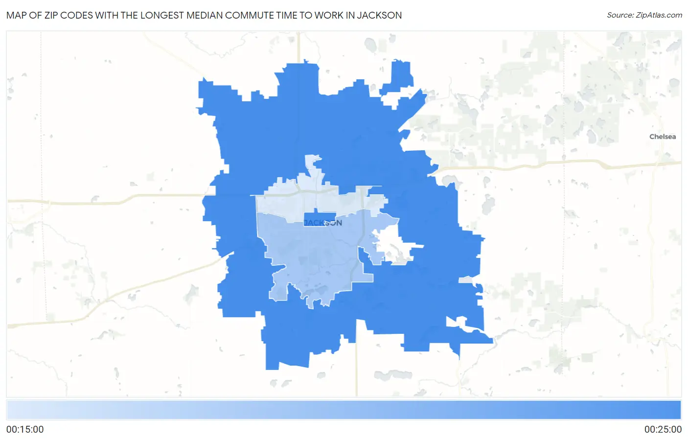 Zip Codes with the Longest Median Commute Time to Work in Jackson Map