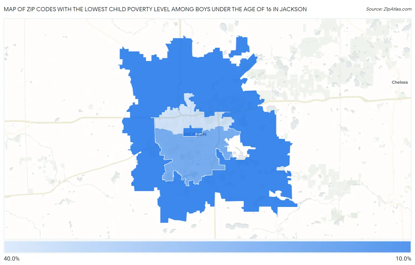 Zip Codes with the Lowest Child Poverty Level Among Boys Under the Age of 16 in Jackson Map