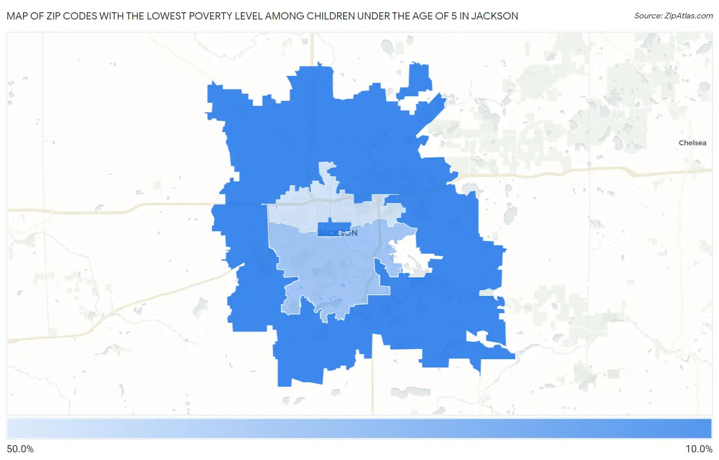 Zip Codes with the Lowest Poverty Level Among Children Under the Age of 5 in Jackson Map