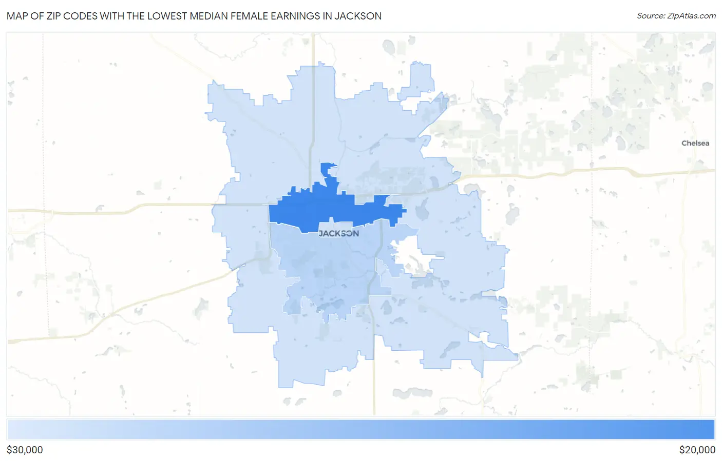 Zip Codes with the Lowest Median Female Earnings in Jackson Map