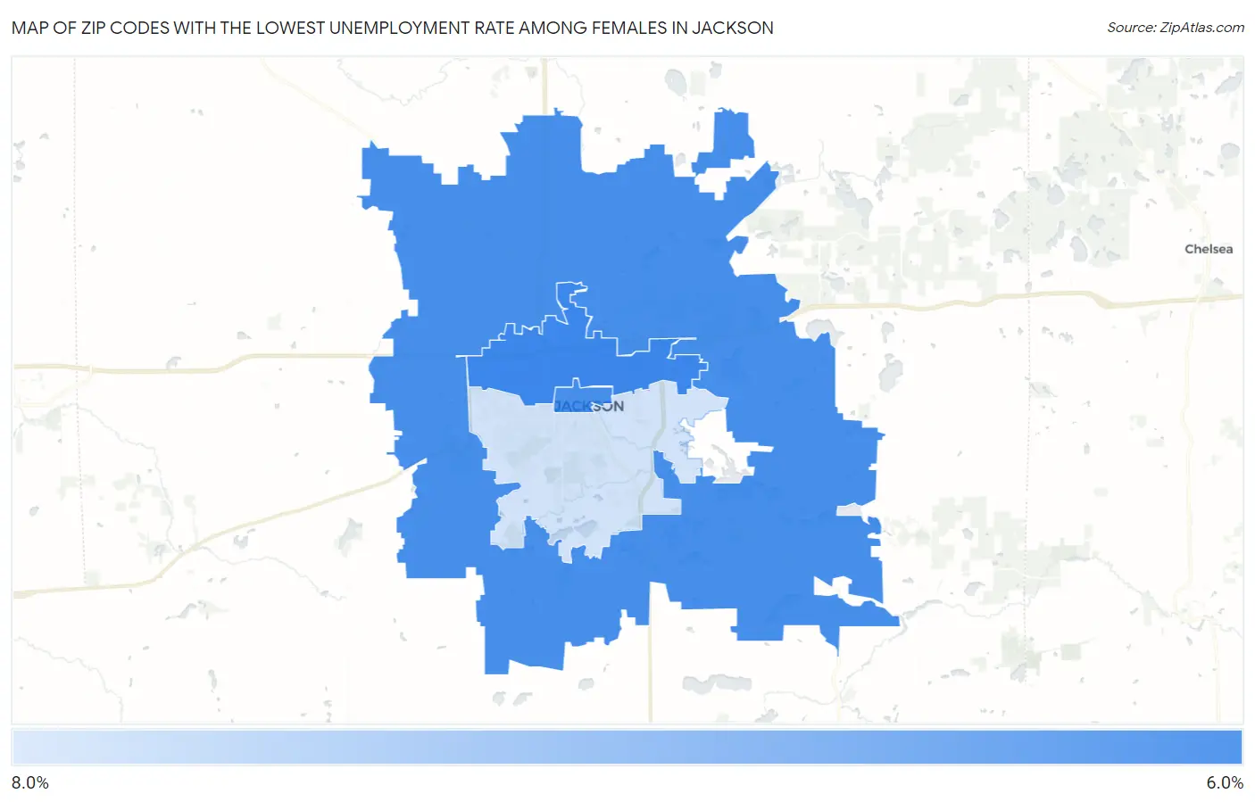 Zip Codes with the Lowest Unemployment Rate Among Females in Jackson Map