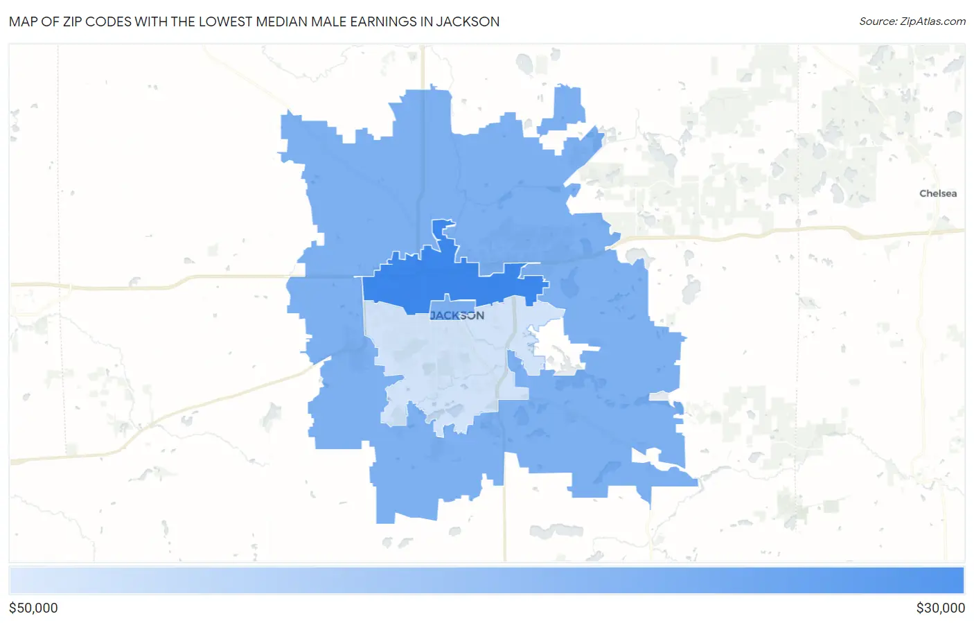 Zip Codes with the Lowest Median Male Earnings in Jackson Map