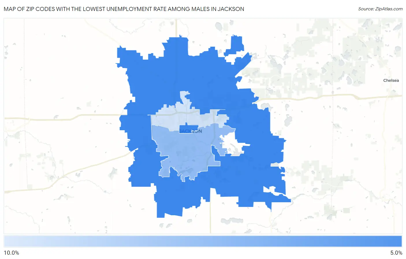 Zip Codes with the Lowest Unemployment Rate Among Males in Jackson Map