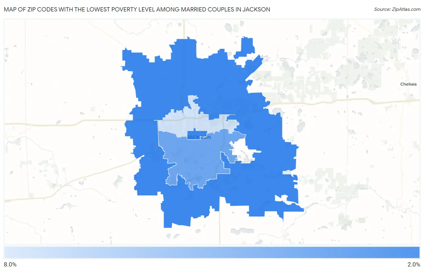 Zip Codes with the Lowest Poverty Level Among Married Couples in Jackson Map