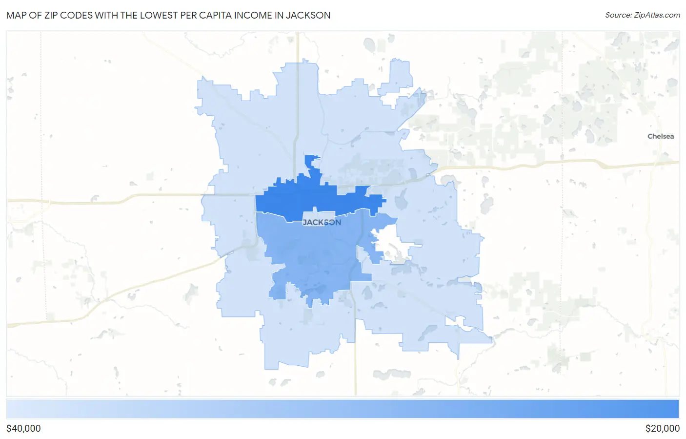 Zip Codes with the Lowest Per Capita Income in Jackson Map