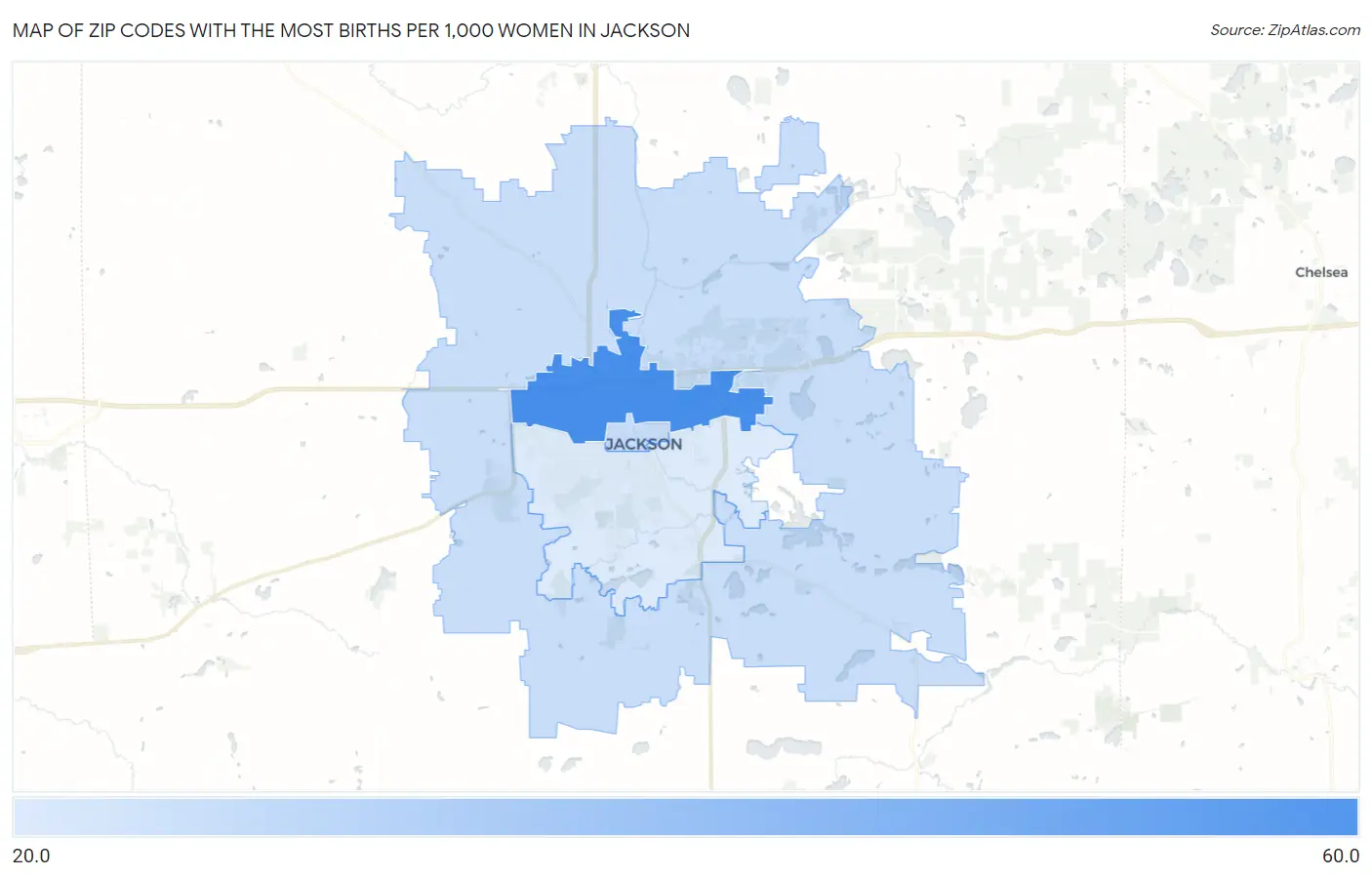 Zip Codes with the Most Births per 1,000 Women in Jackson Map