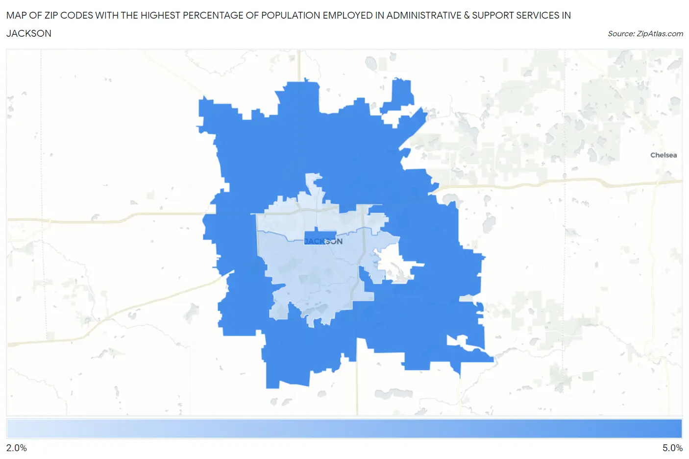 Zip Codes with the Highest Percentage of Population Employed in Administrative & Support Services in Jackson Map