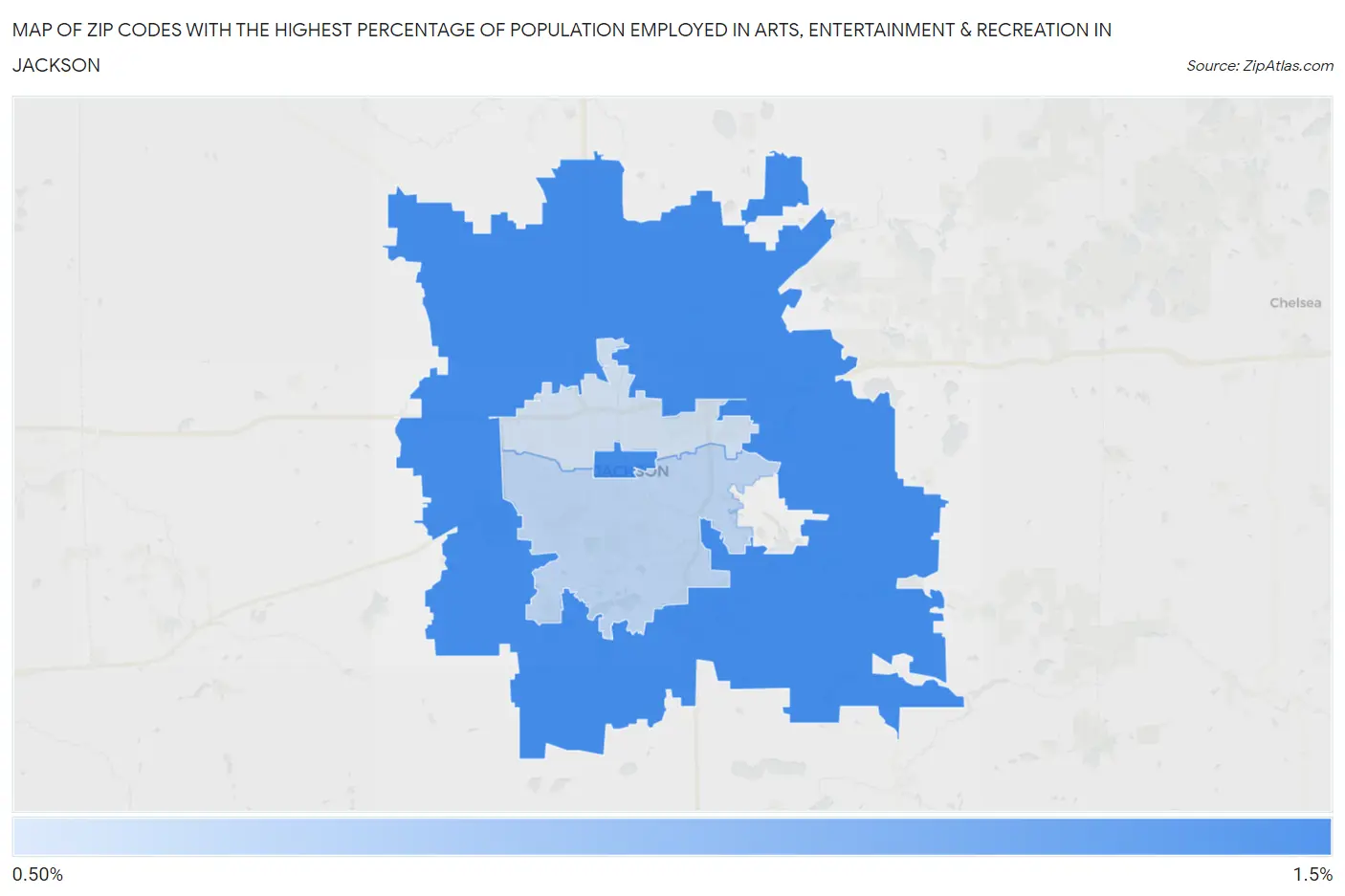 Zip Codes with the Highest Percentage of Population Employed in Arts, Entertainment & Recreation in Jackson Map