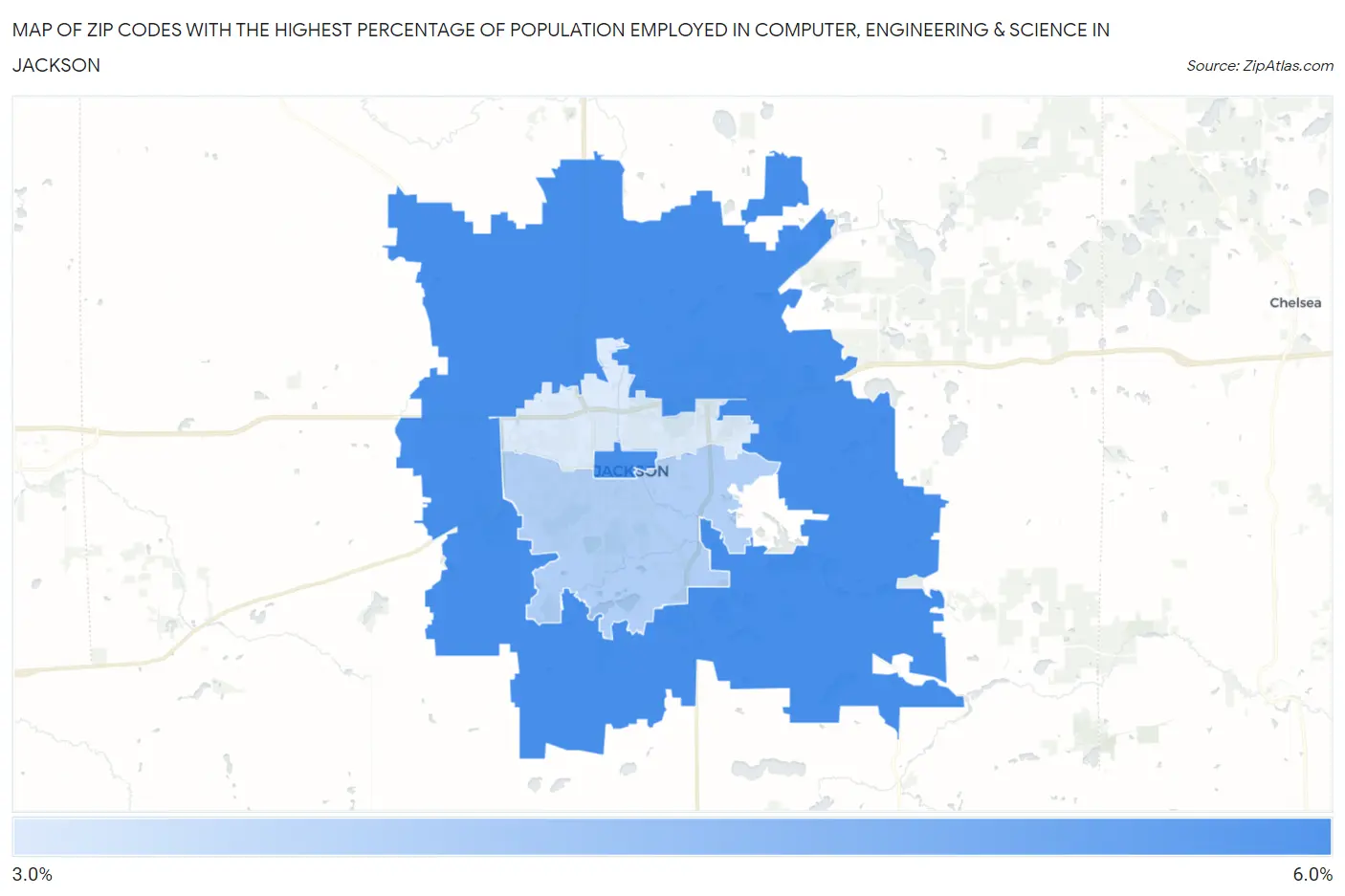 Zip Codes with the Highest Percentage of Population Employed in Computer, Engineering & Science in Jackson Map