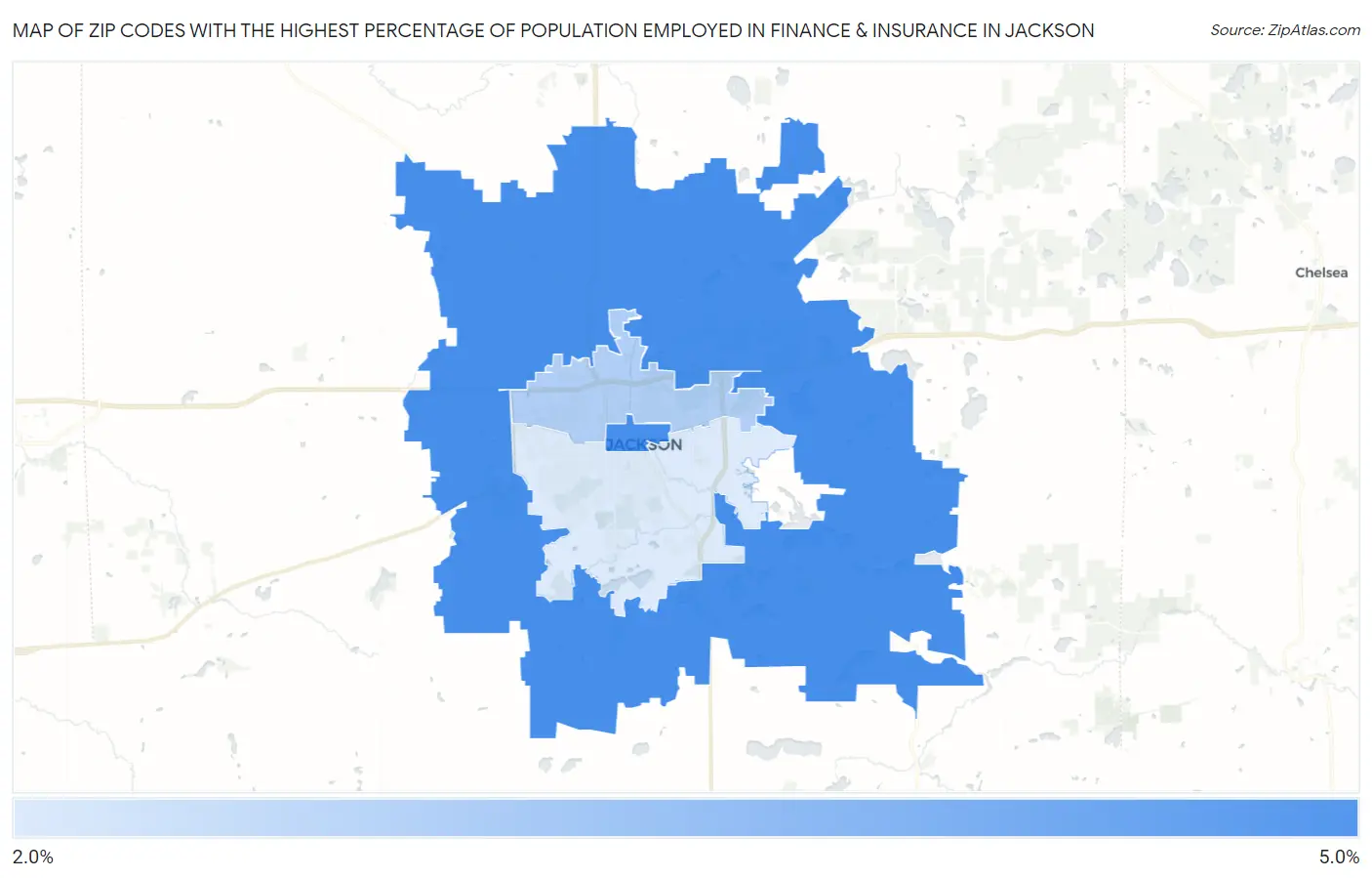 Zip Codes with the Highest Percentage of Population Employed in Finance & Insurance in Jackson Map