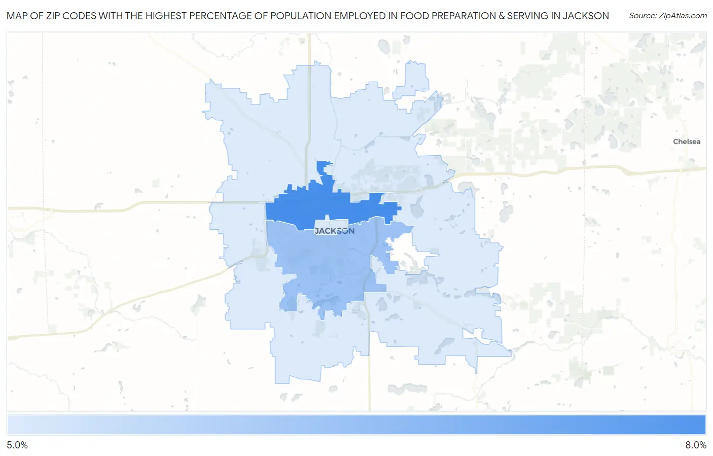 Zip Codes with the Highest Percentage of Population Employed in Food Preparation & Serving in Jackson Map