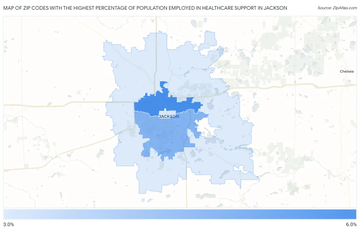 Zip Codes with the Highest Percentage of Population Employed in Healthcare Support in Jackson Map
