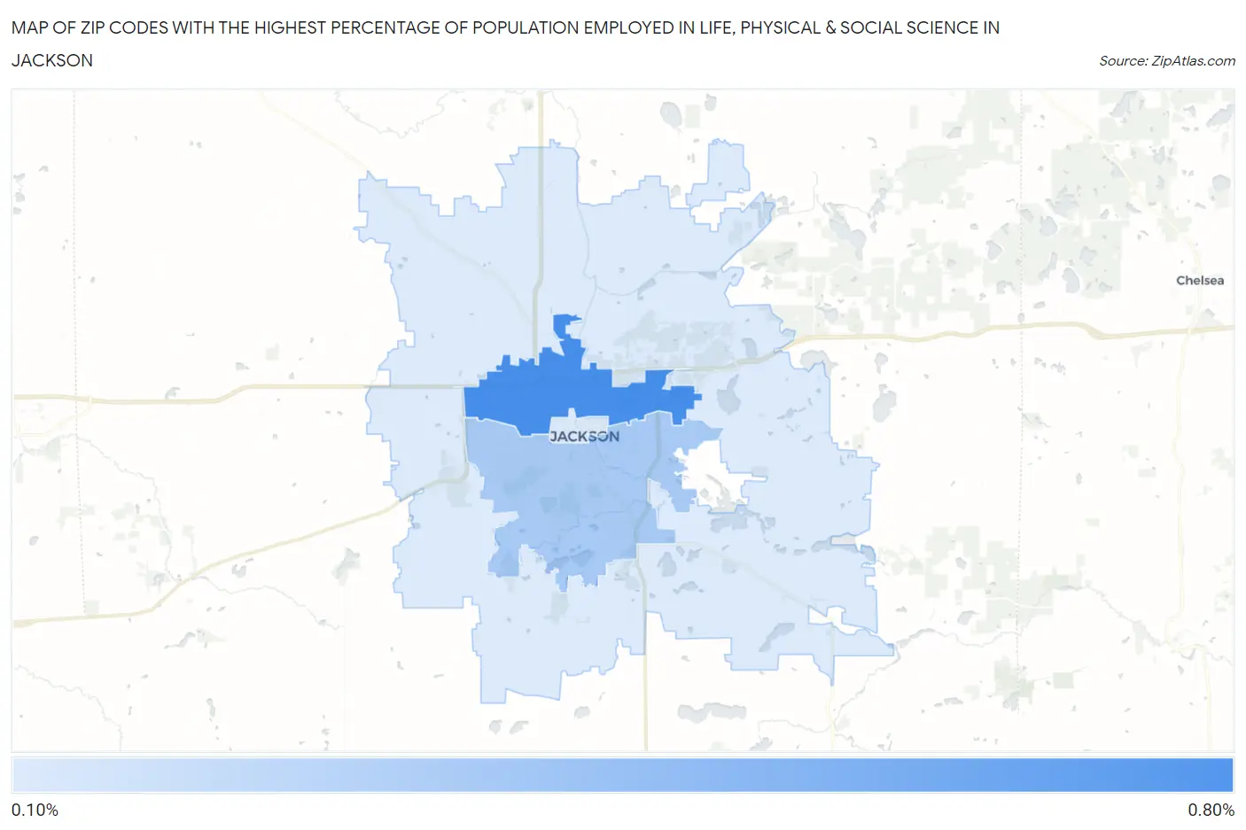 Zip Codes with the Highest Percentage of Population Employed in Life, Physical & Social Science in Jackson Map