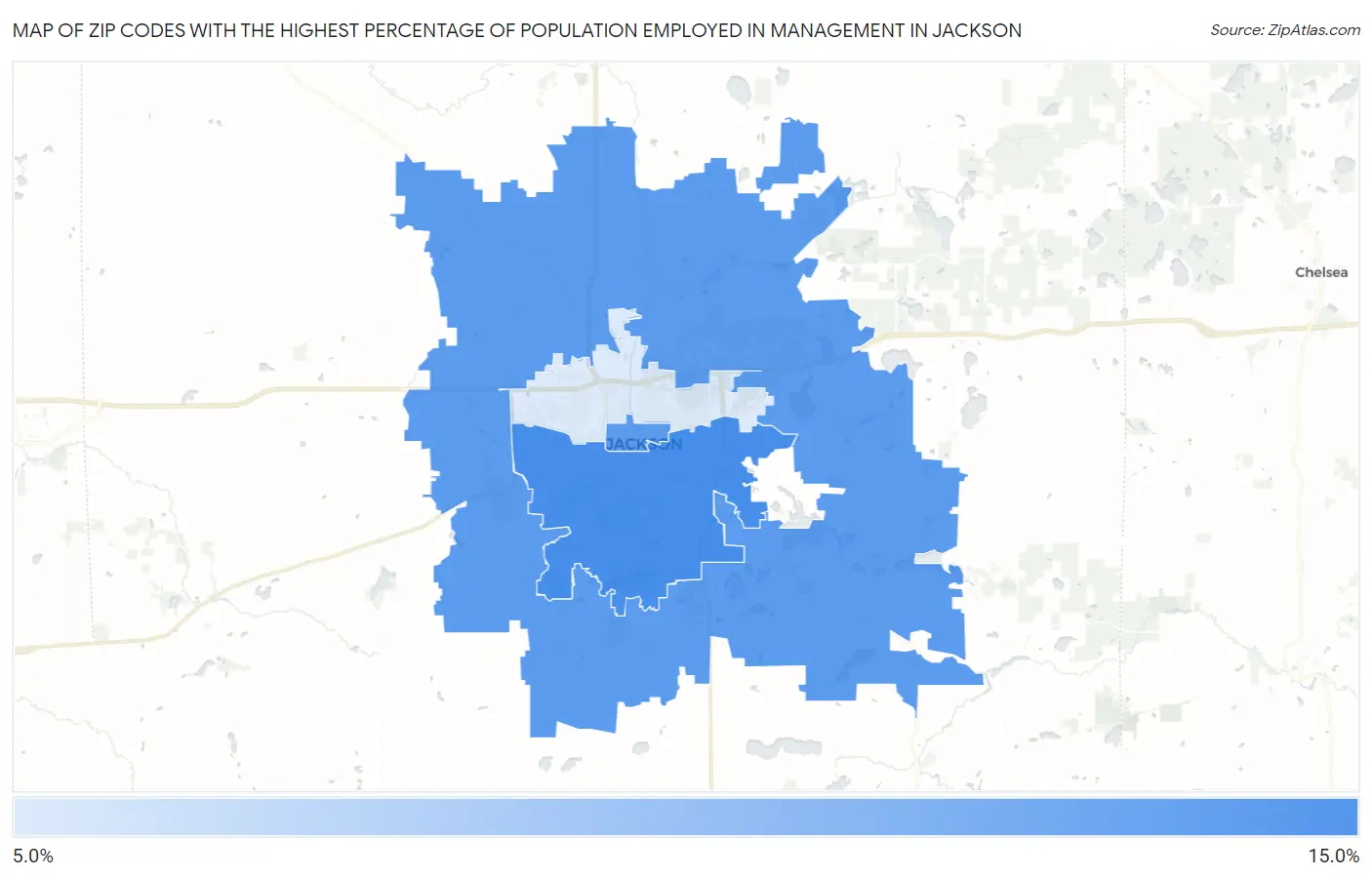Zip Codes with the Highest Percentage of Population Employed in Management in Jackson Map