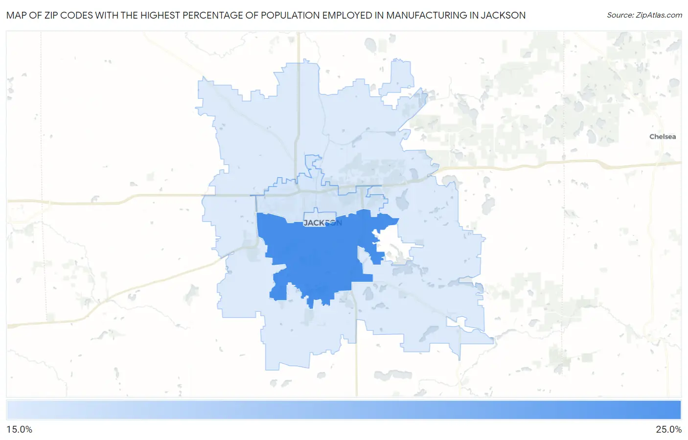 Zip Codes with the Highest Percentage of Population Employed in Manufacturing in Jackson Map