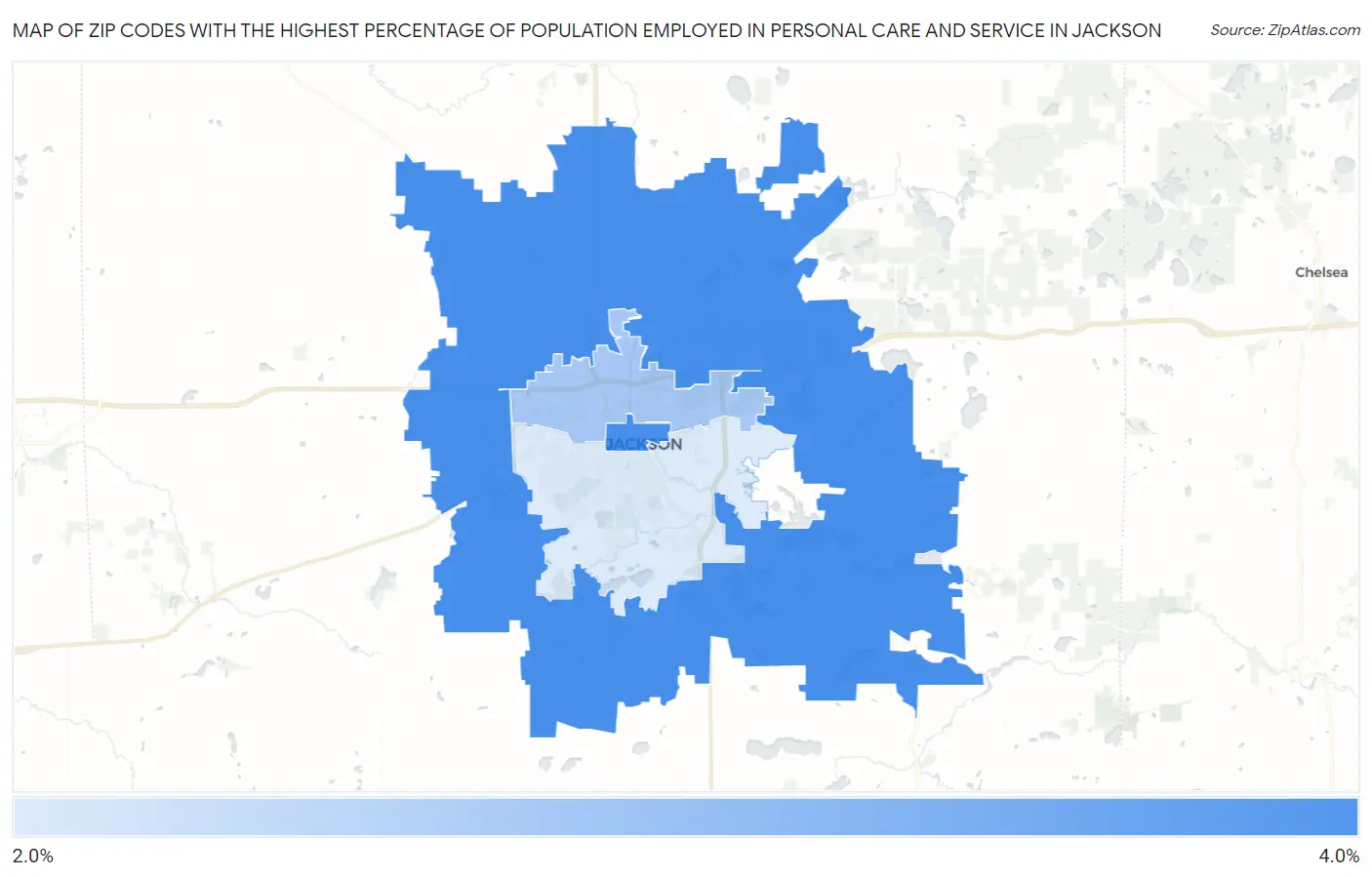 Zip Codes with the Highest Percentage of Population Employed in Personal Care and Service in Jackson Map