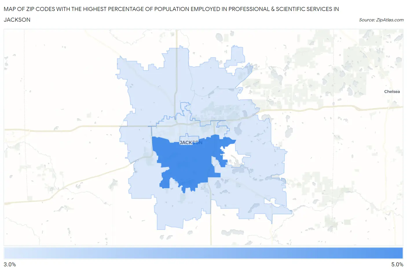 Zip Codes with the Highest Percentage of Population Employed in Professional & Scientific Services in Jackson Map