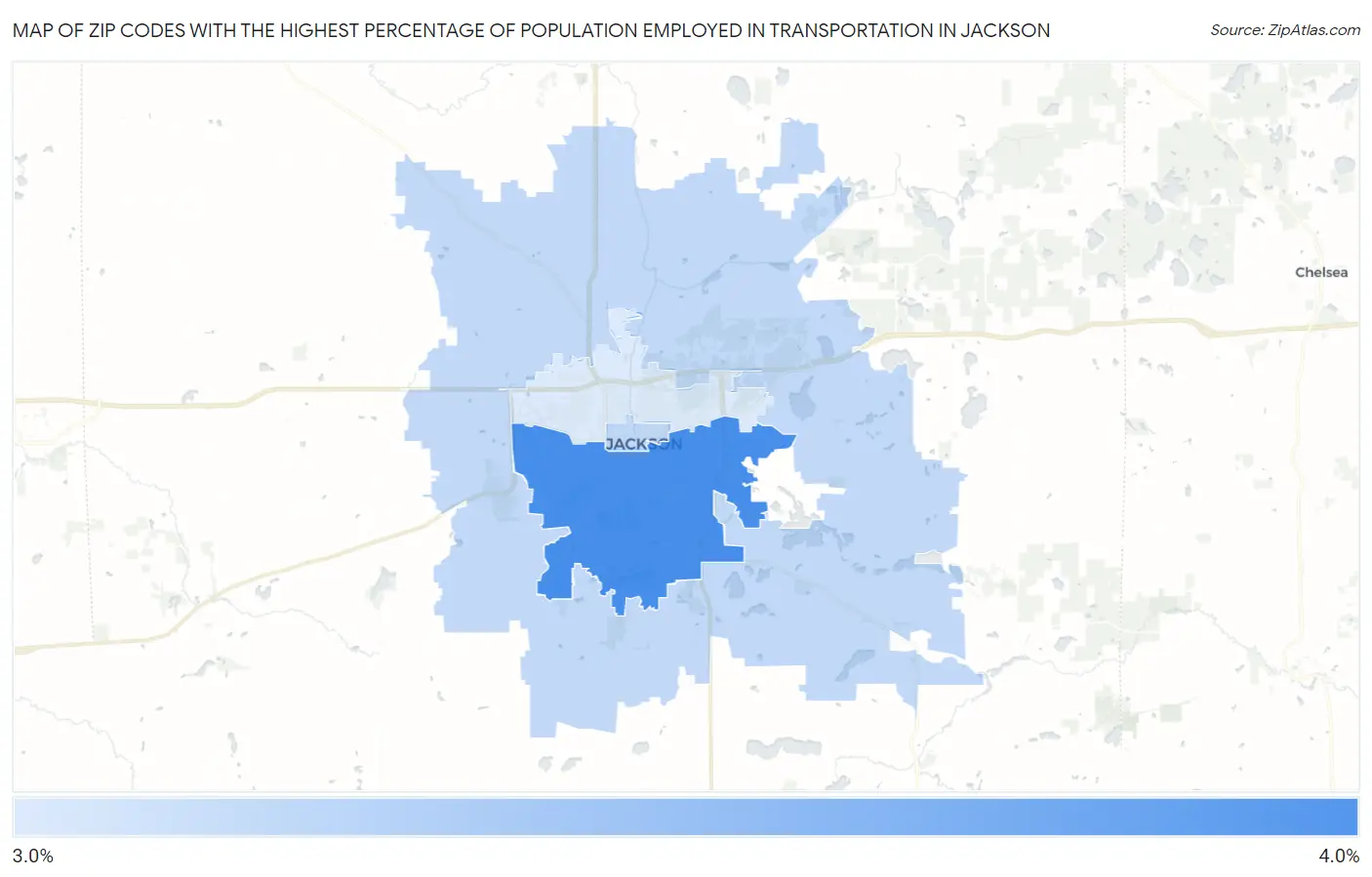 Zip Codes with the Highest Percentage of Population Employed in Transportation in Jackson Map