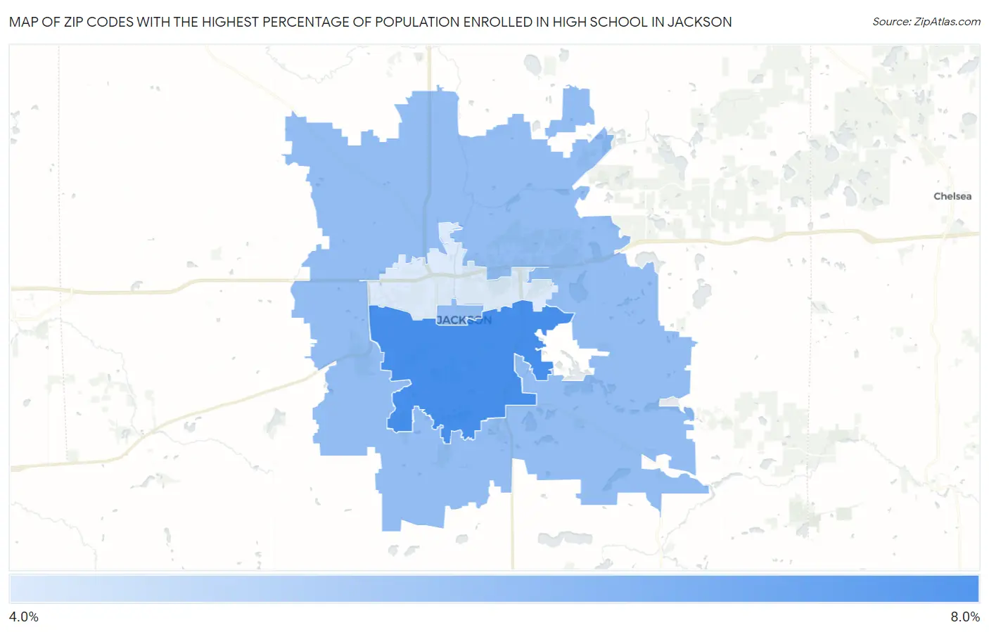 Zip Codes with the Highest Percentage of Population Enrolled in High School in Jackson Map