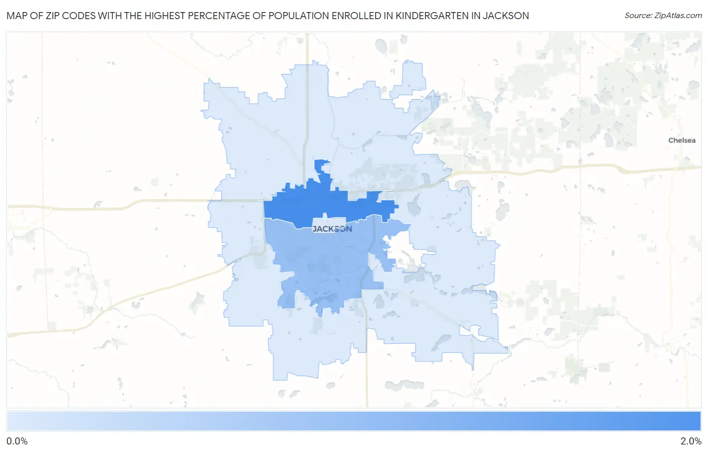 Zip Codes with the Highest Percentage of Population Enrolled in Kindergarten in Jackson Map