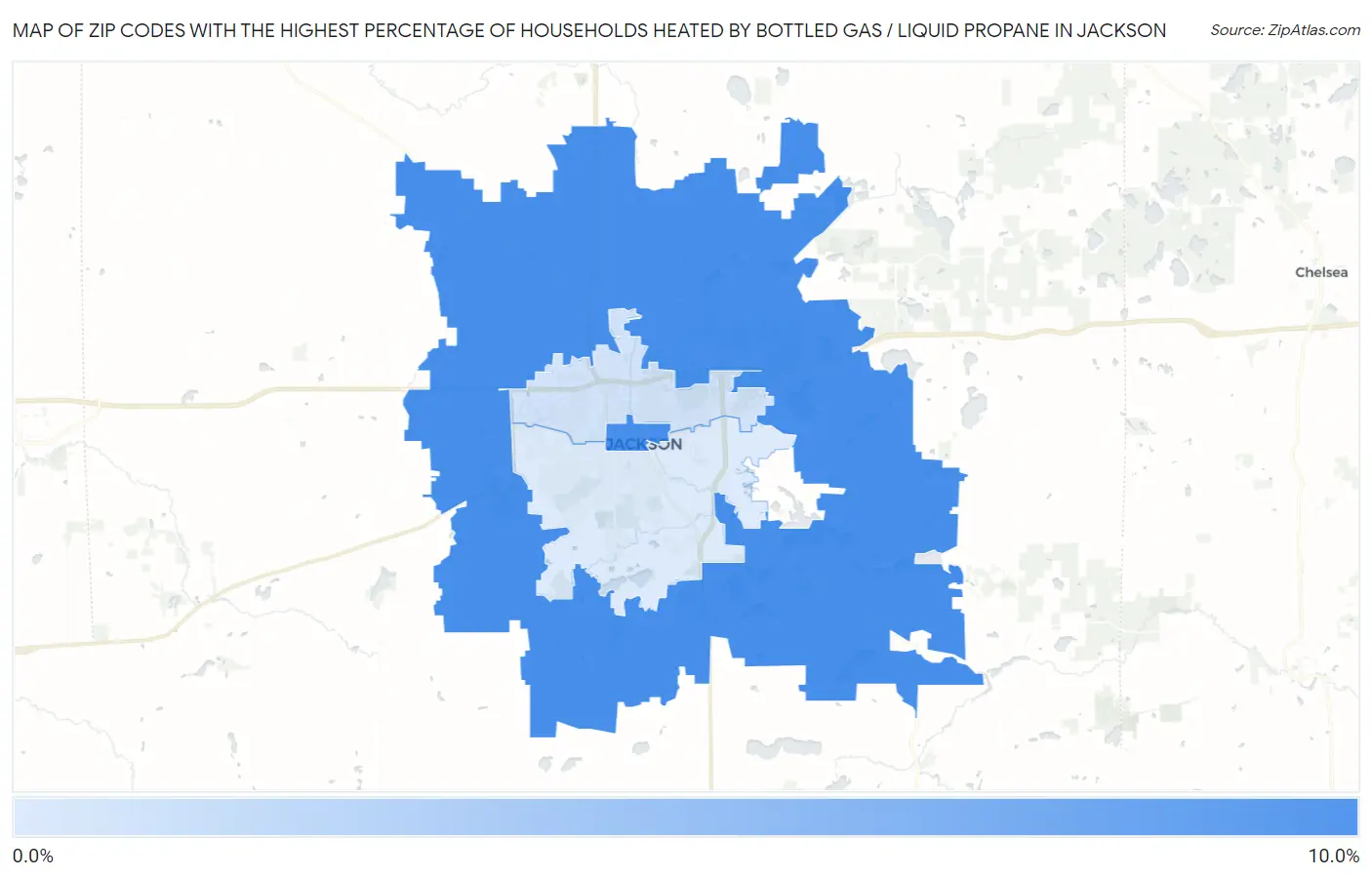 Zip Codes with the Highest Percentage of Households Heated by Bottled Gas / Liquid Propane in Jackson Map