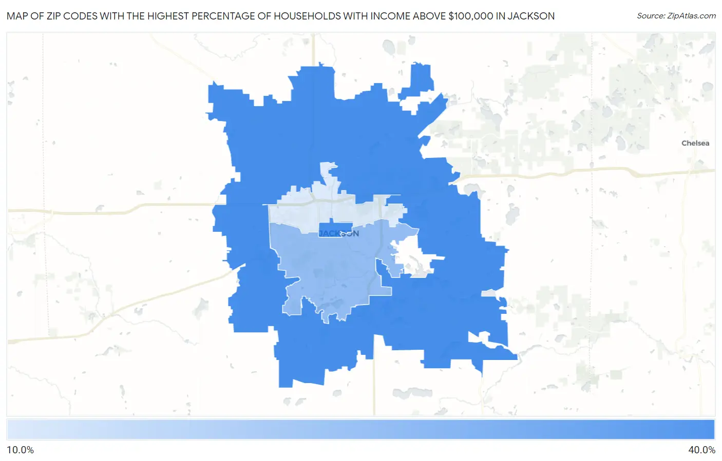Zip Codes with the Highest Percentage of Households with Income Above $100,000 in Jackson Map