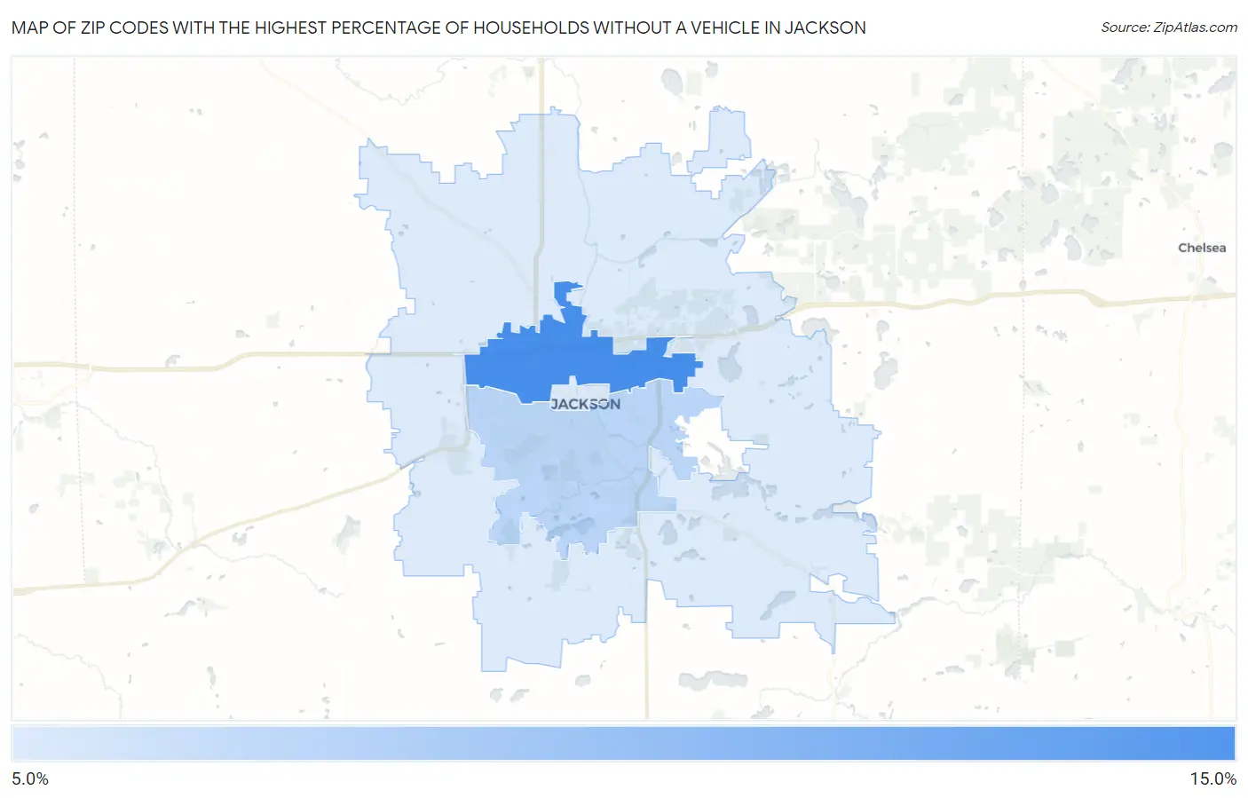 Zip Codes with the Highest Percentage of Households Without a Vehicle in Jackson Map