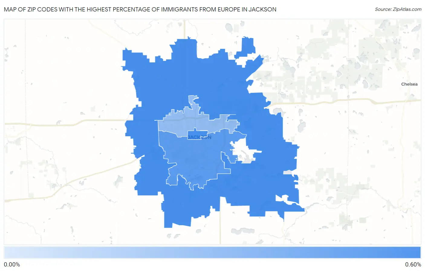 Zip Codes with the Highest Percentage of Immigrants from Europe in Jackson Map