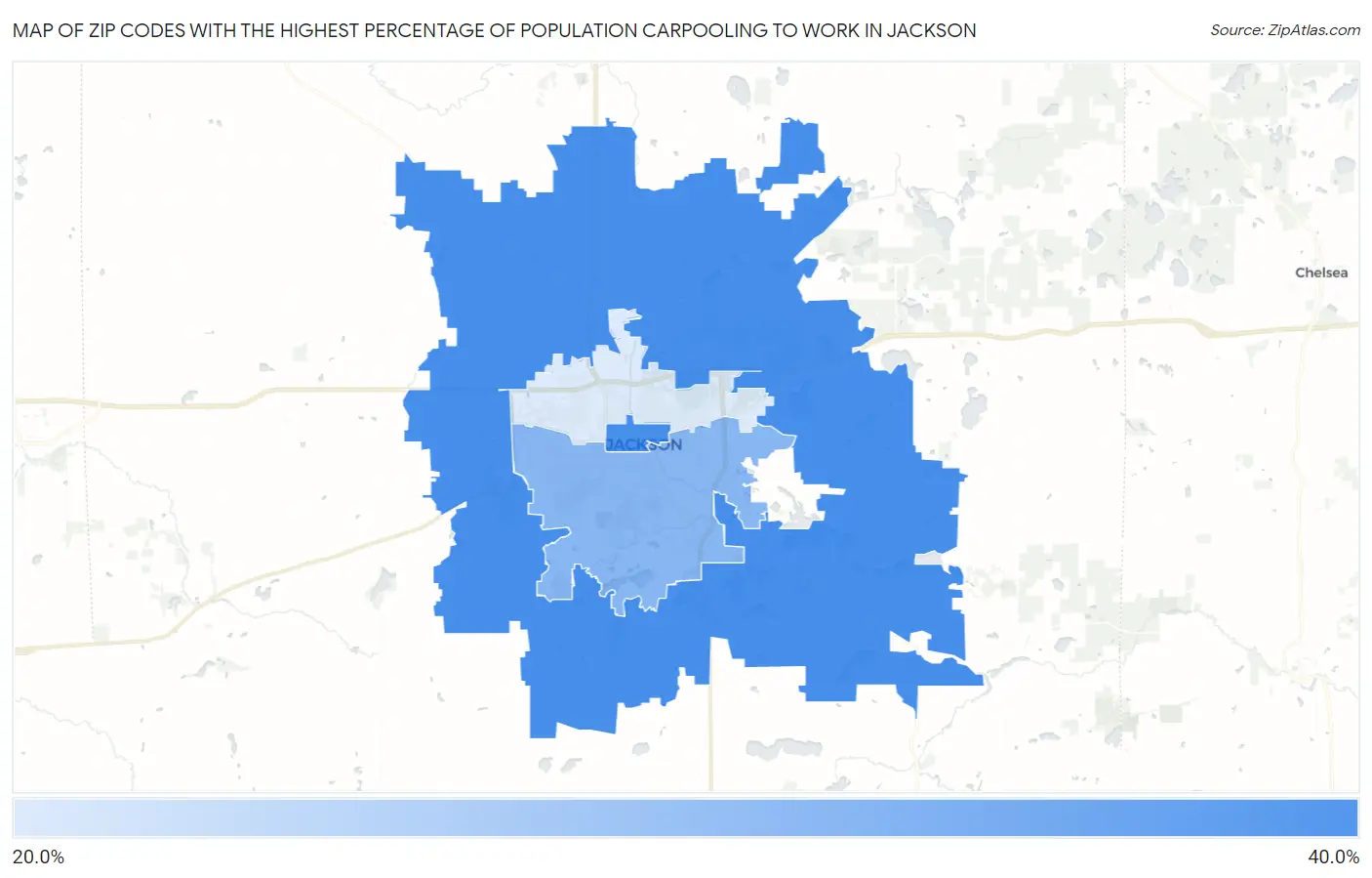 Zip Codes with the Highest Percentage of Population Carpooling to Work in Jackson Map