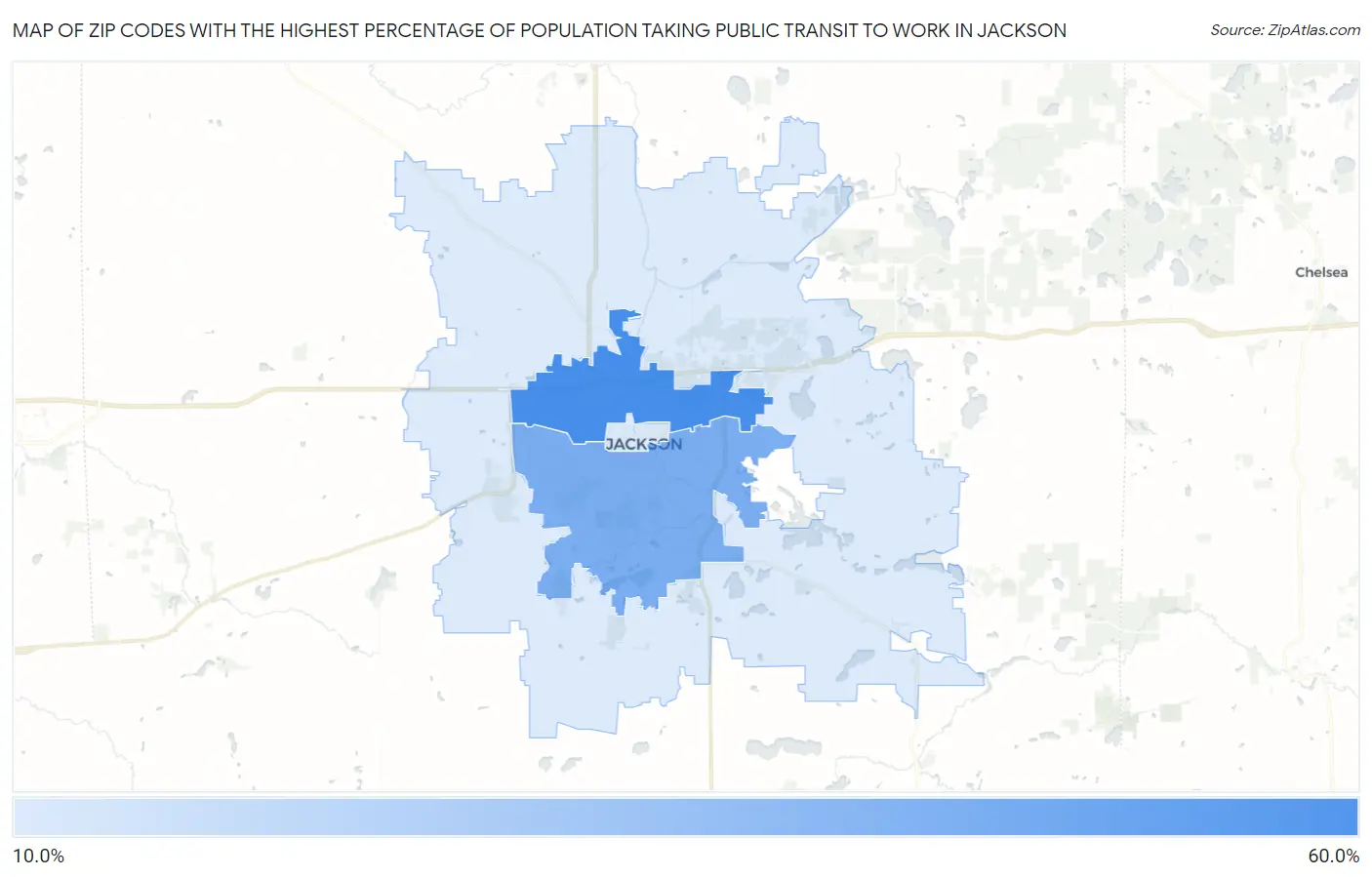 Zip Codes with the Highest Percentage of Population Taking Public Transit to Work in Jackson Map
