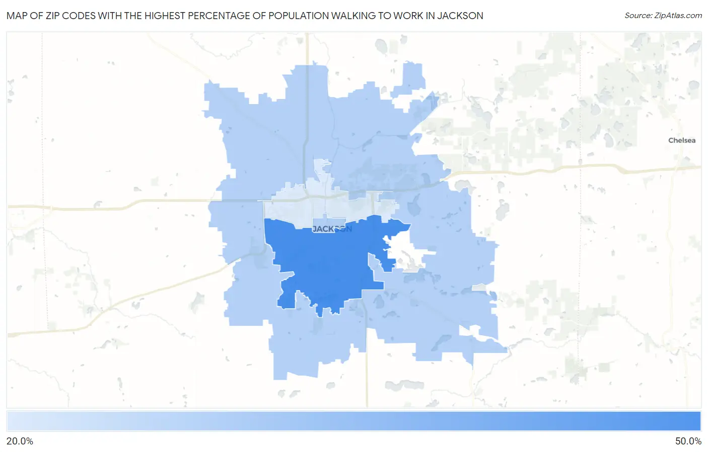Zip Codes with the Highest Percentage of Population Walking to Work in Jackson Map