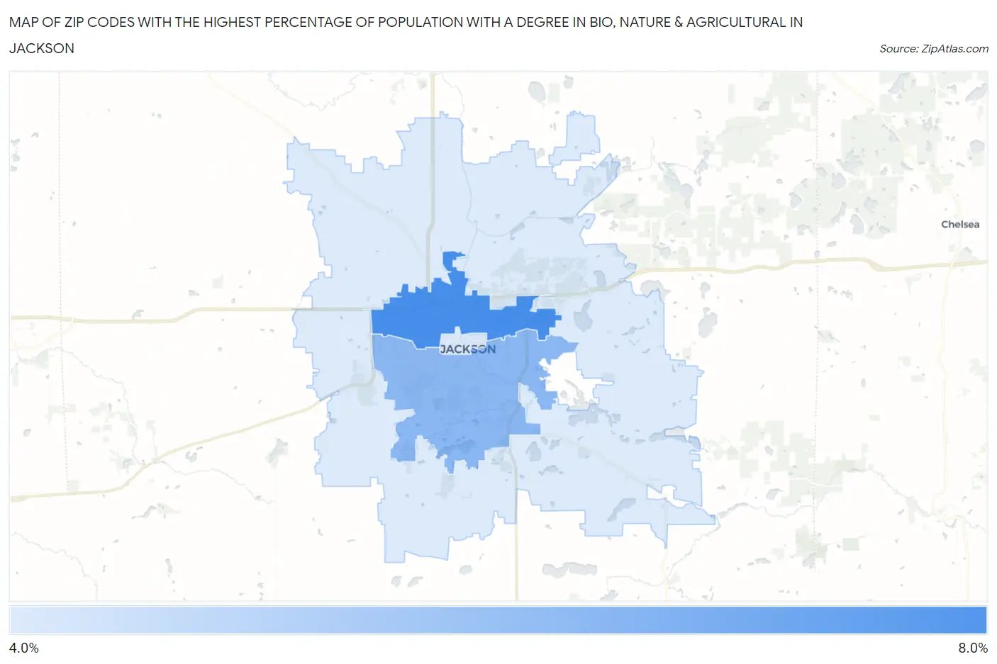 Zip Codes with the Highest Percentage of Population with a Degree in Bio, Nature & Agricultural in Jackson Map