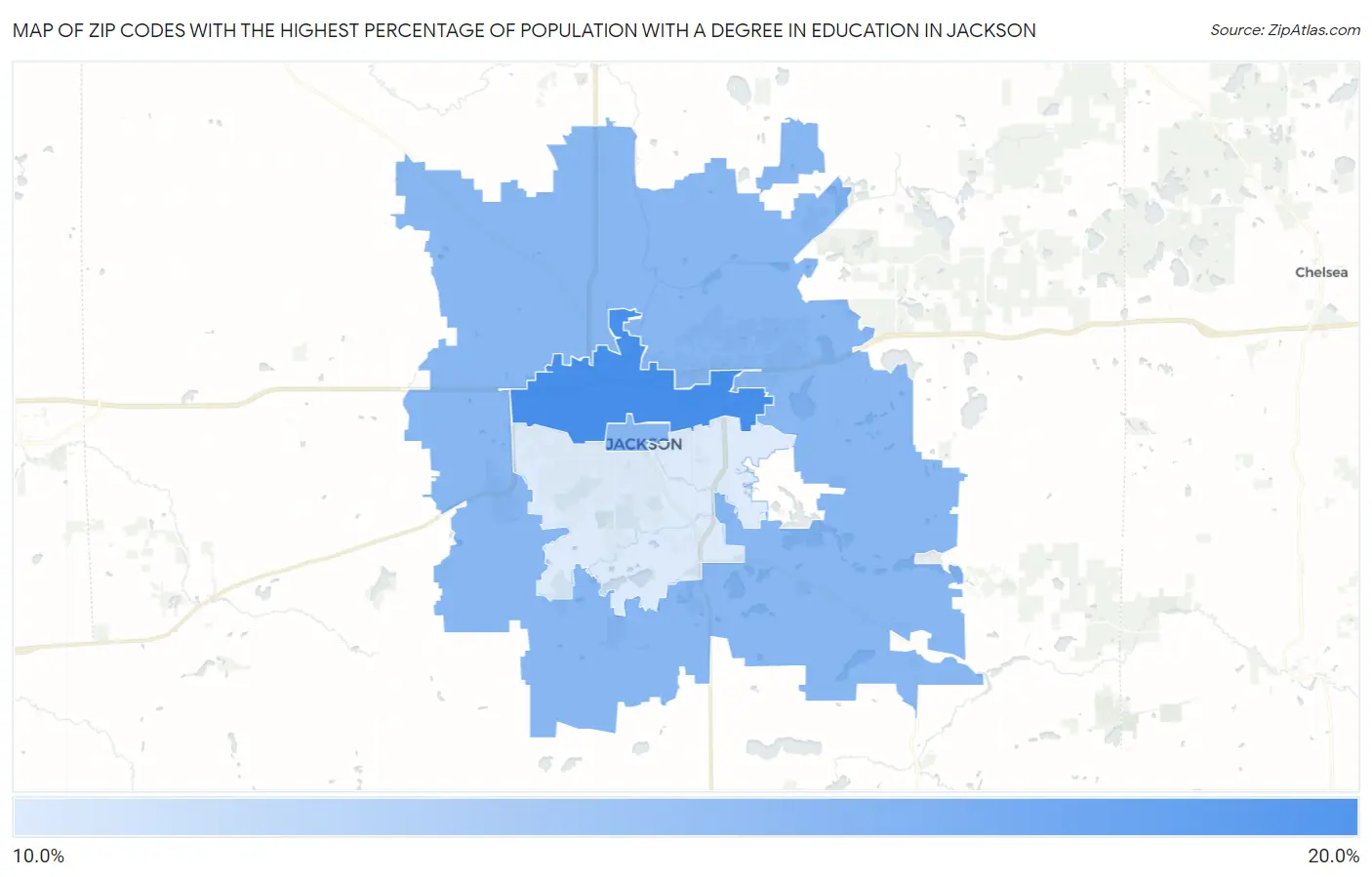 Zip Codes with the Highest Percentage of Population with a Degree in Education in Jackson Map