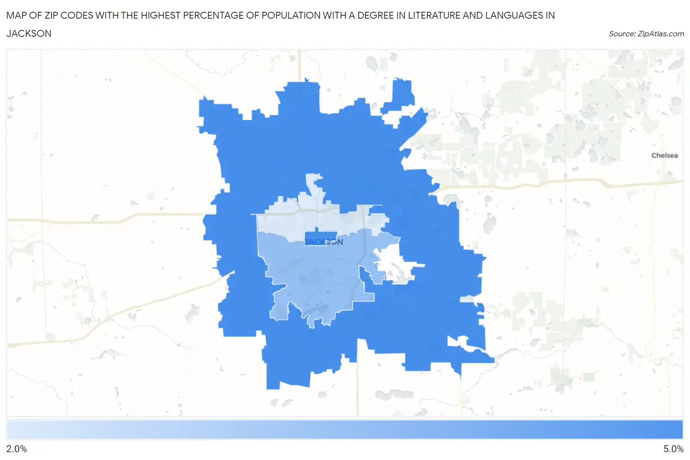 Zip Codes with the Highest Percentage of Population with a Degree in Literature and Languages in Jackson Map