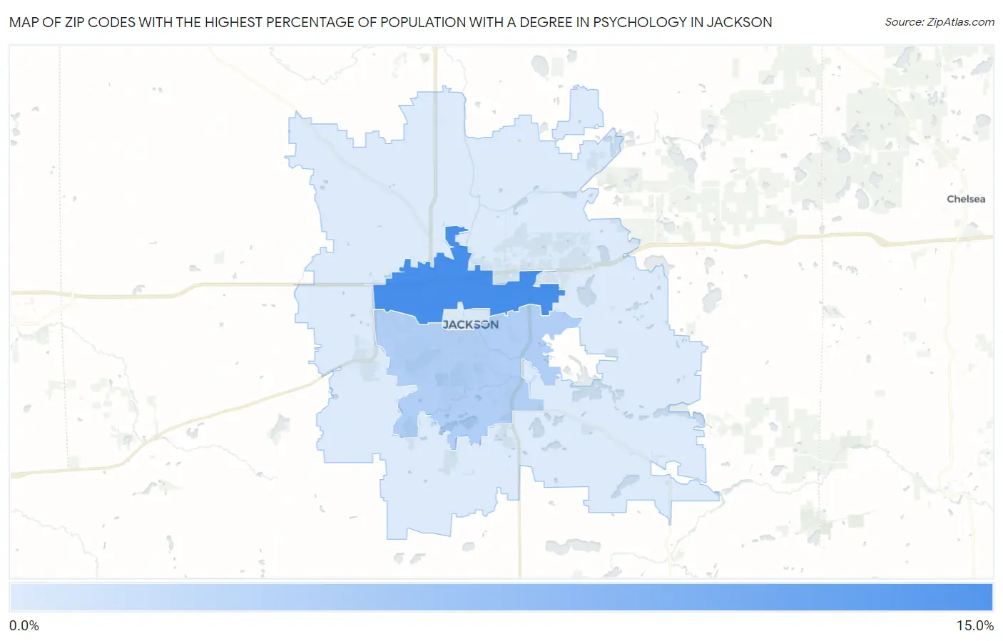 Zip Codes with the Highest Percentage of Population with a Degree in Psychology in Jackson Map