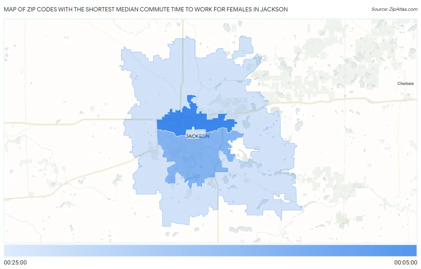 Zip Codes with the Shortest Median Commute Time to Work for Females in Jackson Map
