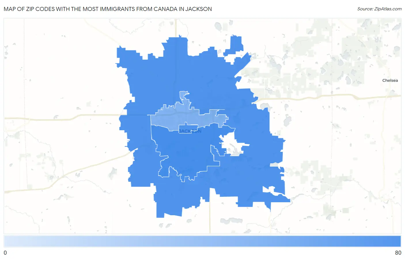 Zip Codes with the Most Immigrants from Canada in Jackson Map