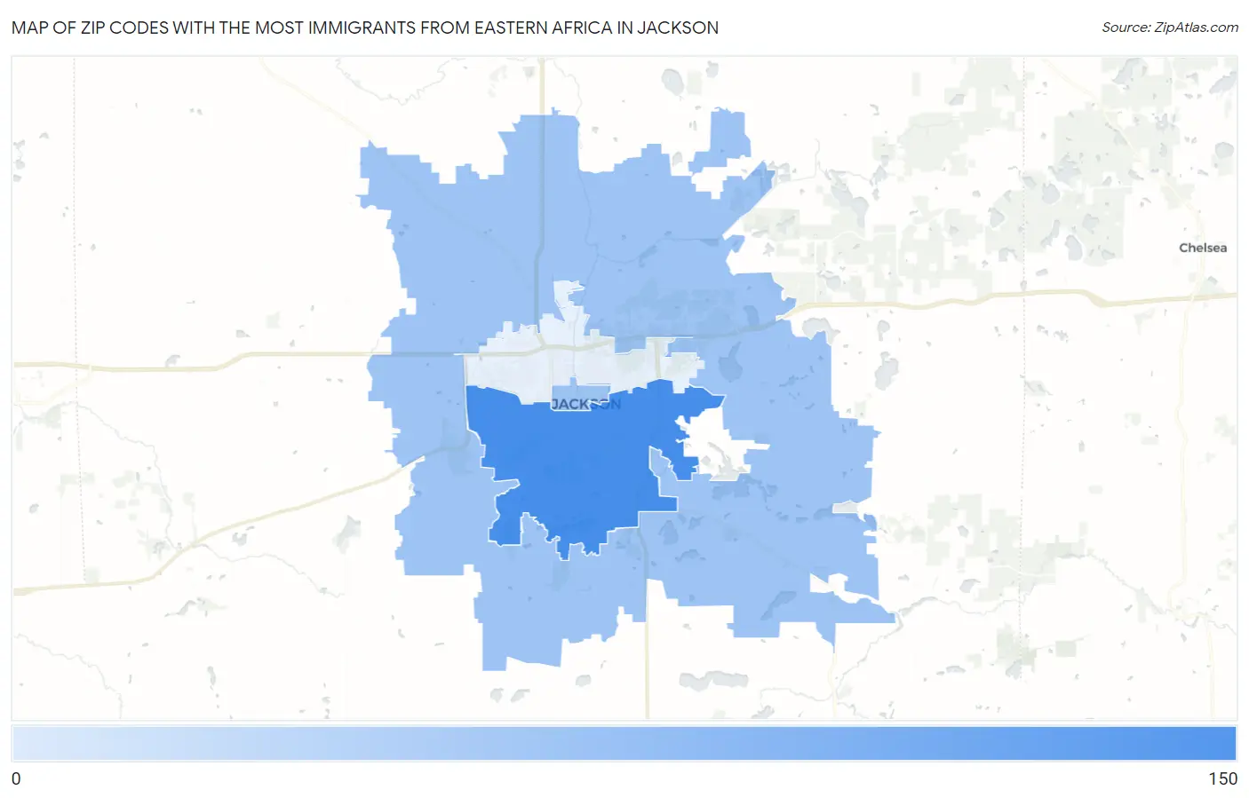 Zip Codes with the Most Immigrants from Eastern Africa in Jackson Map