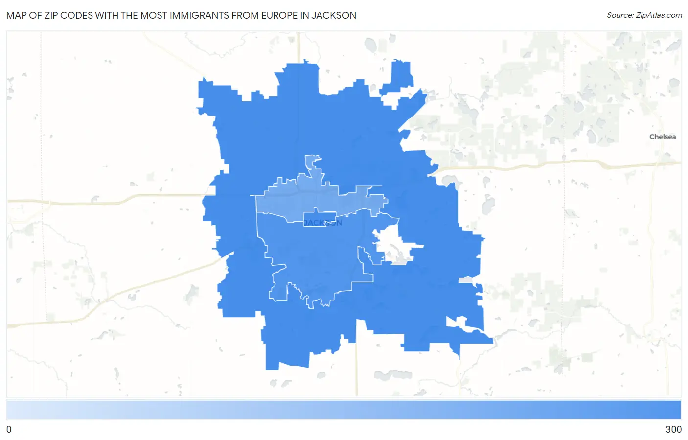 Zip Codes with the Most Immigrants from Europe in Jackson Map