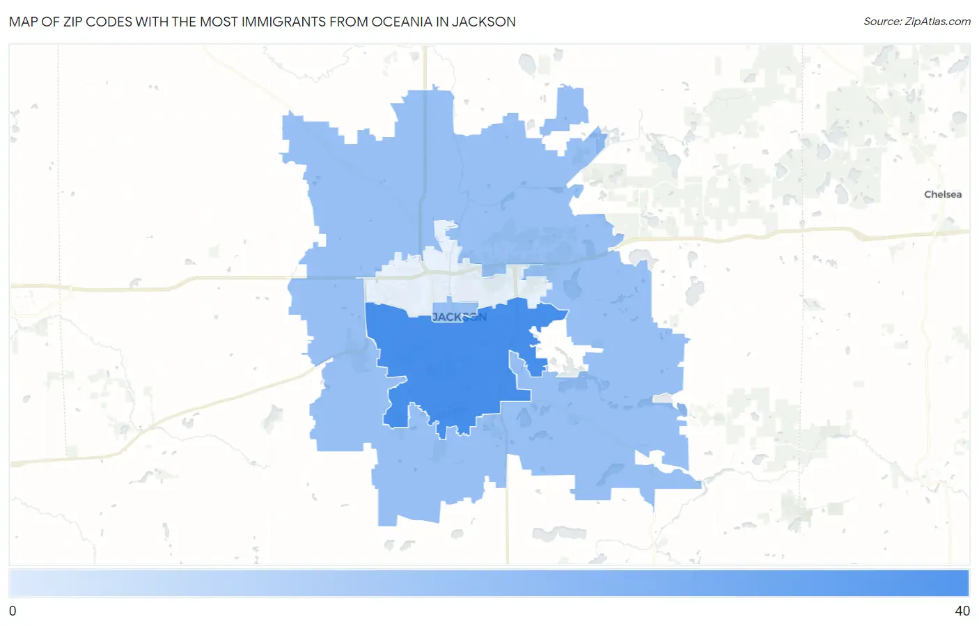 Zip Codes with the Most Immigrants from Oceania in Jackson Map