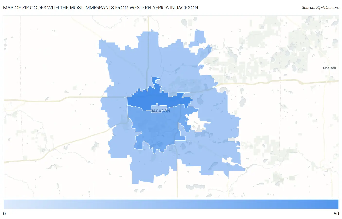 Zip Codes with the Most Immigrants from Western Africa in Jackson Map
