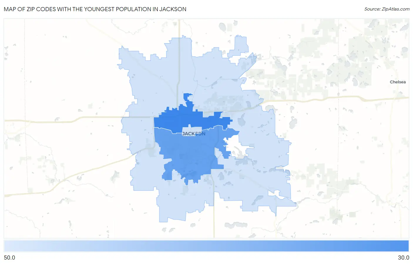 Zip Codes with the Youngest Population in Jackson Map